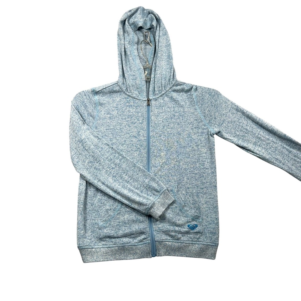 Roxy Girl Zip Up Hoodie Women Size 12 Light Blue Heathered Knit Logo Sweatshirt